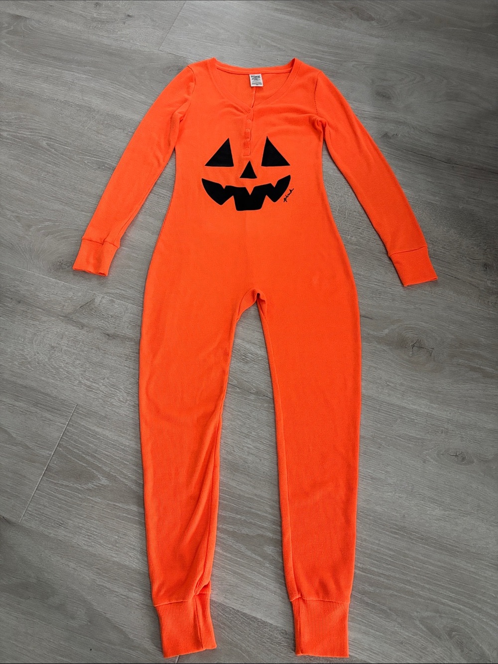 Victoria's Secret PINK Halloween Orange Pumpkin Thermal One-Piece Footie size S